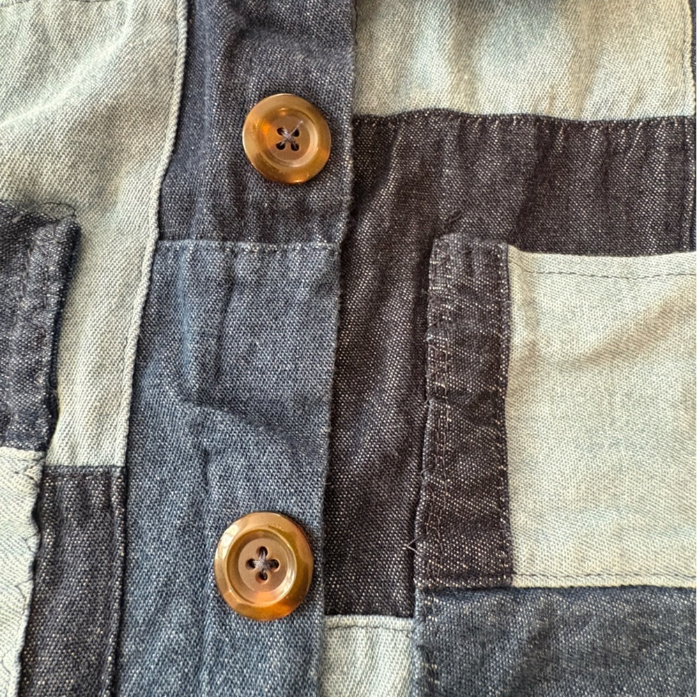 Patchwork Short Sleeve Two-Tone Denim Button-Up S… - image 7